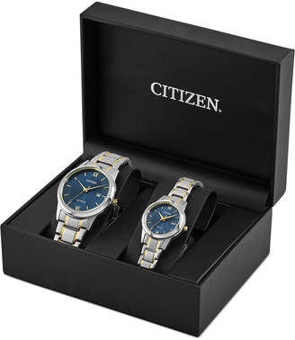 Citizen Eco-Drive Men & Women Pairs Two-Tone Stainless Steel Bracelet Watch Box Set 40mm 30mm Pairs-2016