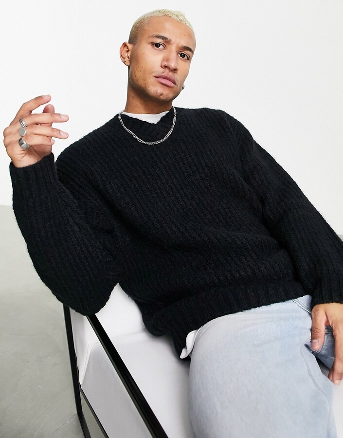 Men's Jumpers Oversized Black V Neck Jumper Men's Black