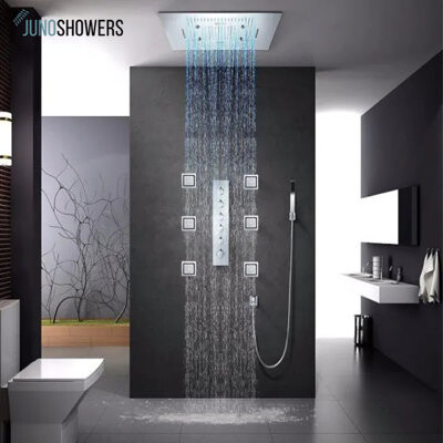 Juno Showers Ceiling-Mounted Chrome LED Shower Head with Remote Control and Musical Feature