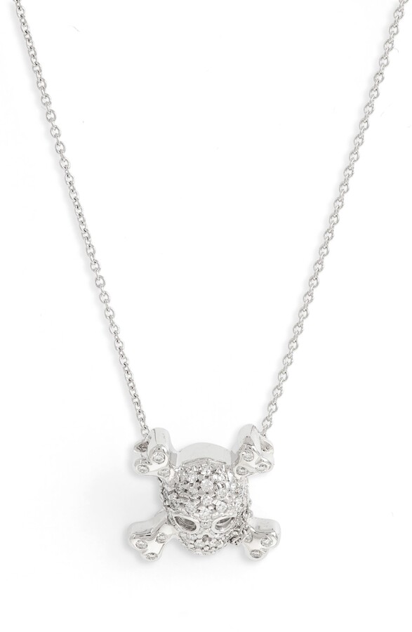 Silvercartvila Womens Blue & Clear CZ Diamond Accent 14K White Gold Plated Silver Skull Pendant Necklace 