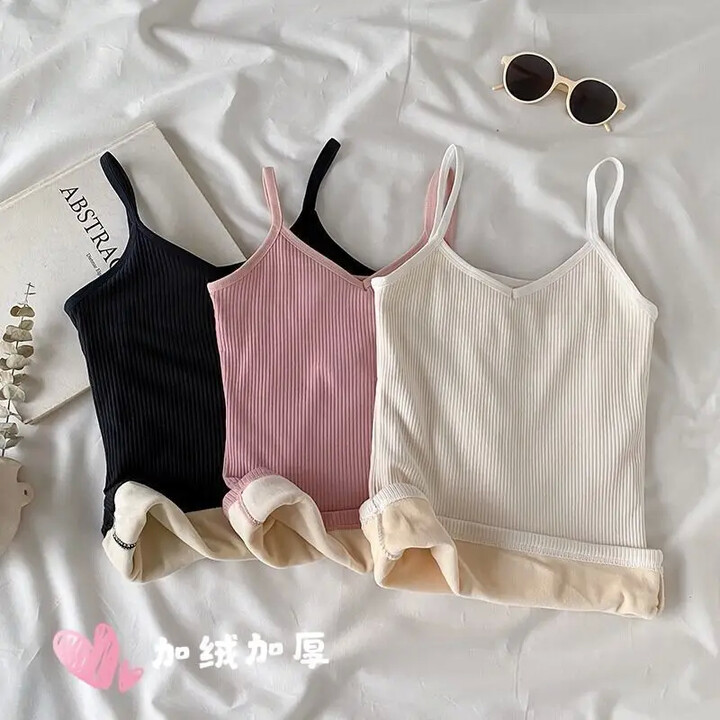 None Warm Thermal Vest Women Winter Solid Color Casual Velvet Camisole Tops Sleeveless Thick Elastic Bottom Underwear Tank Tops