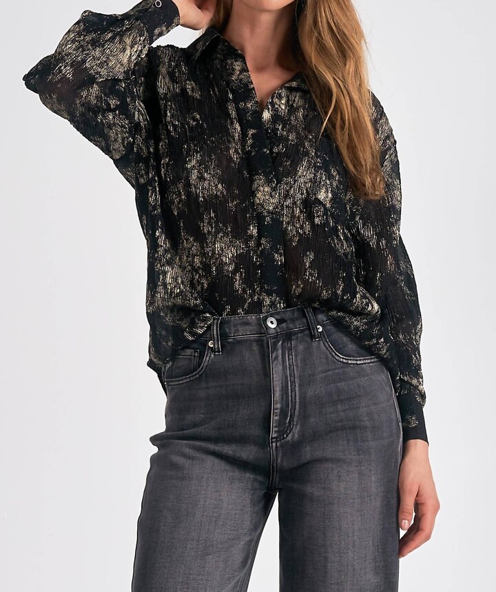 Elan International Shimmer Button Down Top In Black/gold