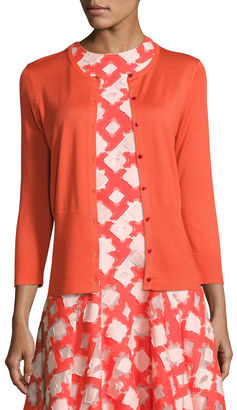 Lela Rose 3/4-Sleeve Button-Front Cardigan, Red