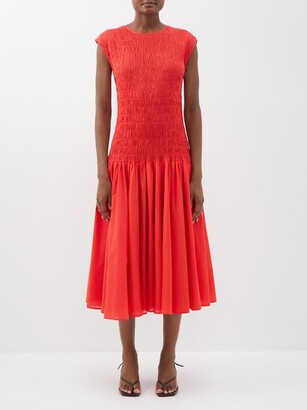 Merlette New York Stijl Smocked Drop-waist Cotton Voile Midi Dress - Mid Red