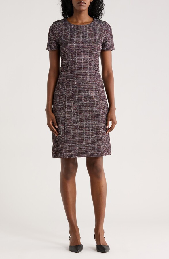 Connected Apparel Plaid Short Sleeve Bouclé A-Line Dress