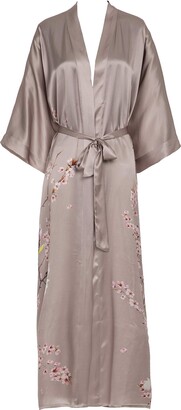 prettystern Women Floor-Length 100% Long Silk Kimono Dress Gown Robe Blue Floral L15