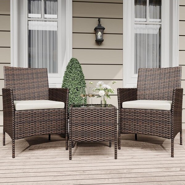 GustoWave 3-PiecePERattanPatioSetwith2Chairs&GlassTable-All-WeatherConversationSetforBalconyPorch-Brown