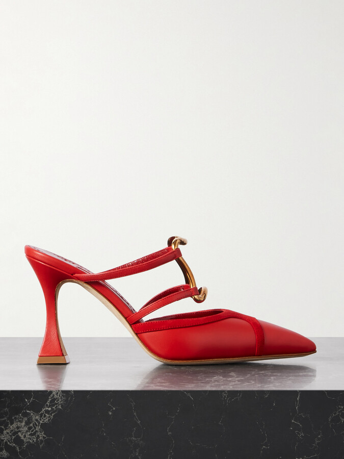 Manolo Blahnik - Tituta 90 Embellished Suede-trimmed Leather Mules - Red