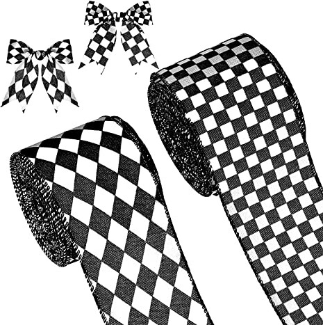 2 Rolls/ 20 Yards Black and White Checkered Ribbons Buffalo Plaid Wired Edge Ribbon Diamond Check Gingham Wrapping Ribbon for Christmas Tree DIY Hair Bow Wreath Decors Crafts, 2 Styles (2.5 Inch Wide)
