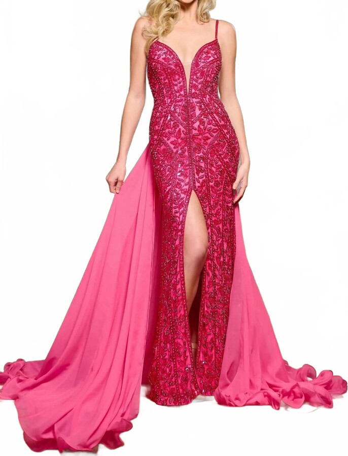 RACHEL ALLAN Stretch Tulle Floor Length Gown In Fuchsia