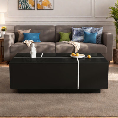 Extendable Coffee Table, With High-Gloss Finish, 2 Hidden Storage Space, 2 Drawers And Contrasting Edges