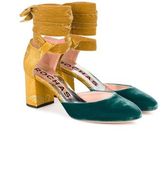 Rochas Yellow Blue velvet ankle tie 70 heels