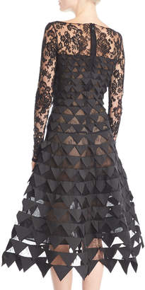 Oscar de la Renta Long-Sleeve Floral-Lace Geometric-Cutouts Illusion Cocktail Dress