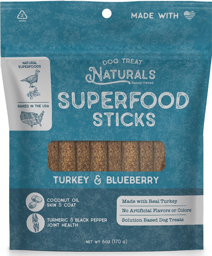 Dog Treat Naturals: Superfood Sticks - Turkey & Blueberry- 6oz Bag, Dog Chew Treats, All-Natural Pet Training Snacks, Joint-Skin-Coat Health, USA Made