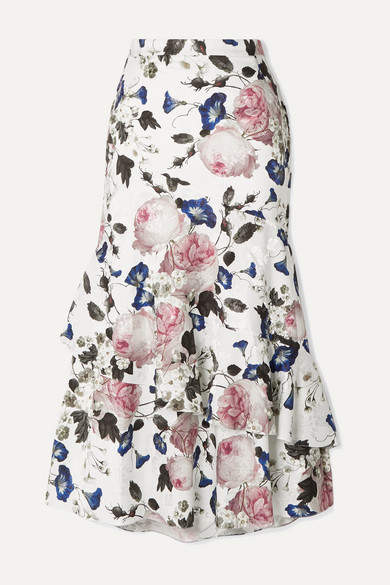 Erdem - Zennia Ruffled Floral-print Satin-jacquard Midi Skirt - White