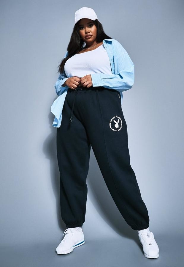 Missguided Playboy X Plus Size Navy Varsity Pin Tuck Joggers - ShopStyle