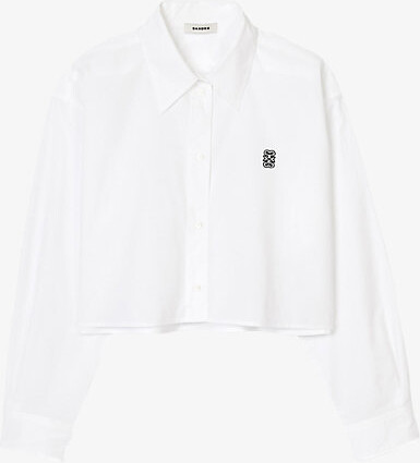 Sandro Womens Naturels Logo-Embroidered Cropped Cotton Shirt 10