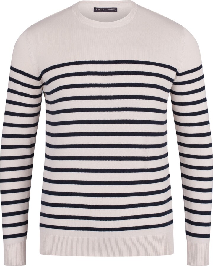 Paul James Knitwear White Mens Lightweight Cotton Striped Breton Allen Sweater - Ecru