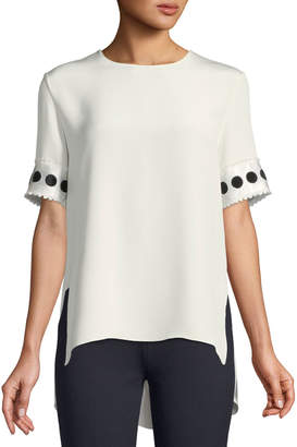 Adam Lippes Round-Neck Short-Sleeve High-Low Silk Crepe T-Shirt w/ Ribbon Cuffs