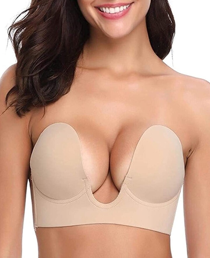 Bontierie Women's Push Up Plunge Adhesive Bra Reusable Deep U-Shaped Sticky  Bra Strapless Backless Breast Lifting Bra