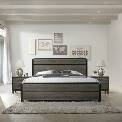 Latitude Run Ioana Antique Grey Finish 3-Piece Wood Bed Room Set, Bed and Two Nightstands