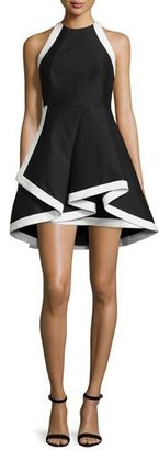 Halston Sleeveless Fit-and-Flare Silk-Blend Mini Dress, Black/White