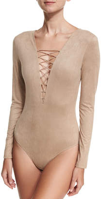 Alexander Wang T By Faux-Suede Long-Sleeve Lace-Up Bodysuit