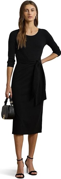 Lauren Ralph Lauren Tie-Front Cotton-Blend Crewneck Dress Women's Dress Black 1 : SM, Cotton/Elastane/Modal