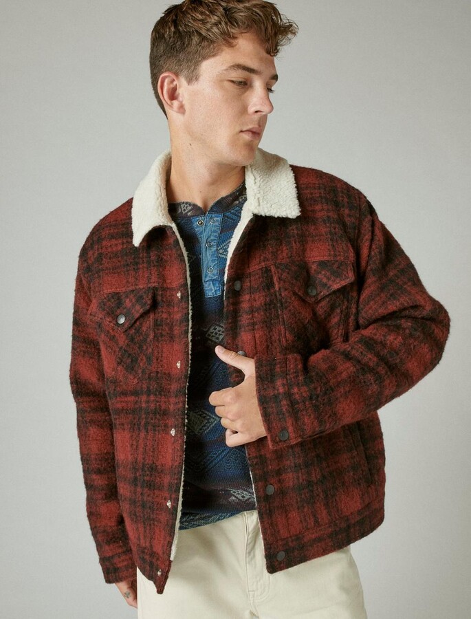 red plaid sherpa jacket men's