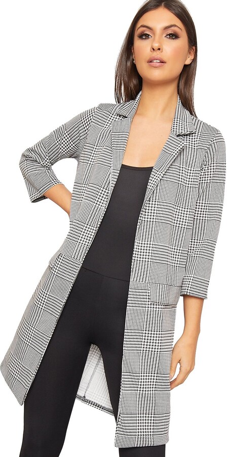 WearAll Women's Houndstooth Check Print Long Sleeve Open Jacket New Ladies Duster  Coat - Black White - 12 - ShopStyle