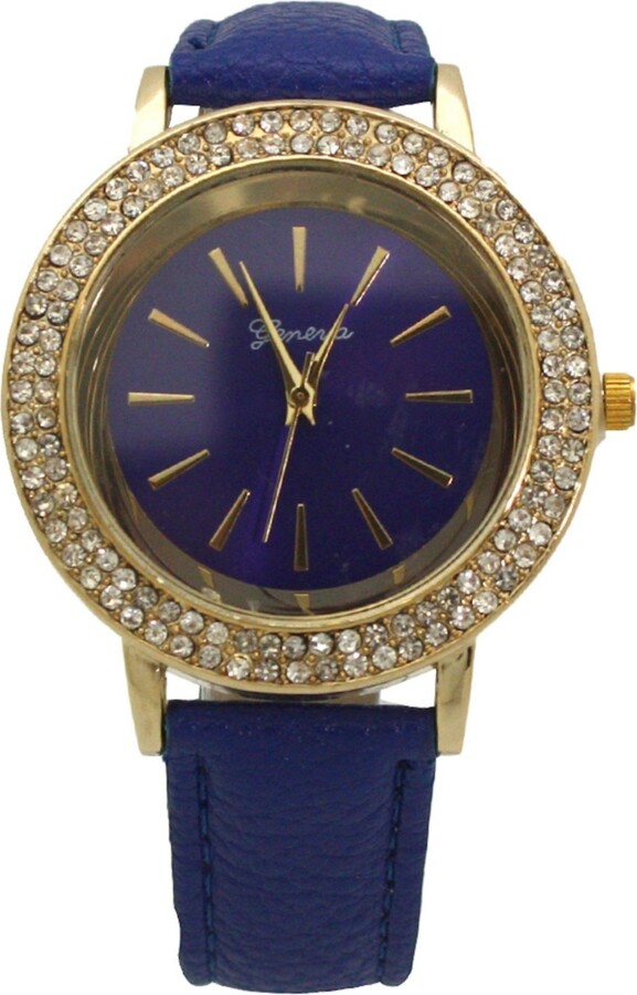 Olivia Pratt Blue Rhinestones Detail Leather Strap Watch