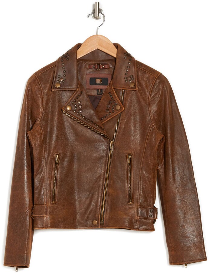 Frye Studded Crackle Lambskin Leather Crop Moto Jacket - ShopStyle