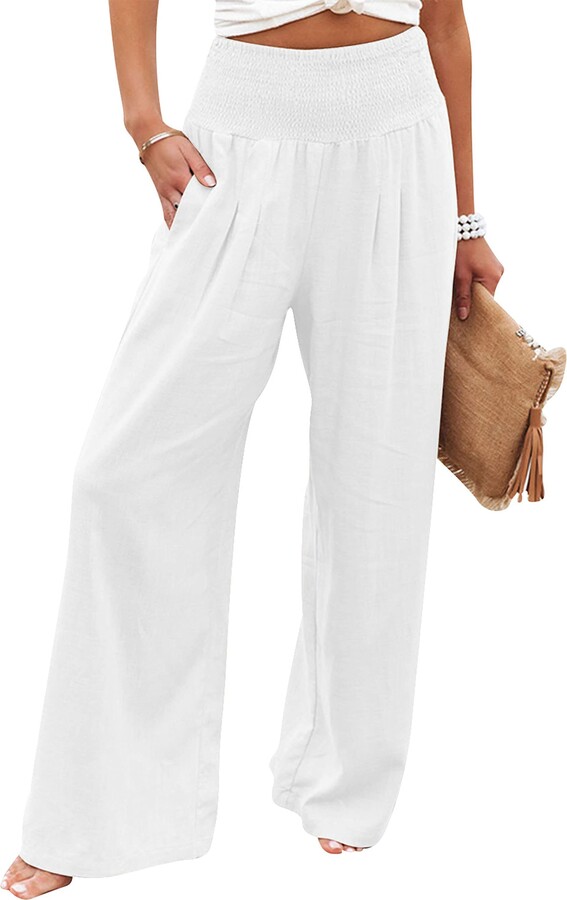LANOMI Womens Cotton Linen Trousers Wide Leg Summer Casual High Elastic  Waist Solid Color Loose Long Pants with Pockets White M - ShopStyle