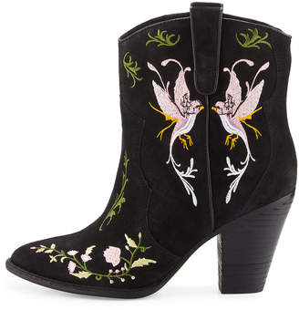 Ash Jenny Embroidered Western Bootie, Black/Birds