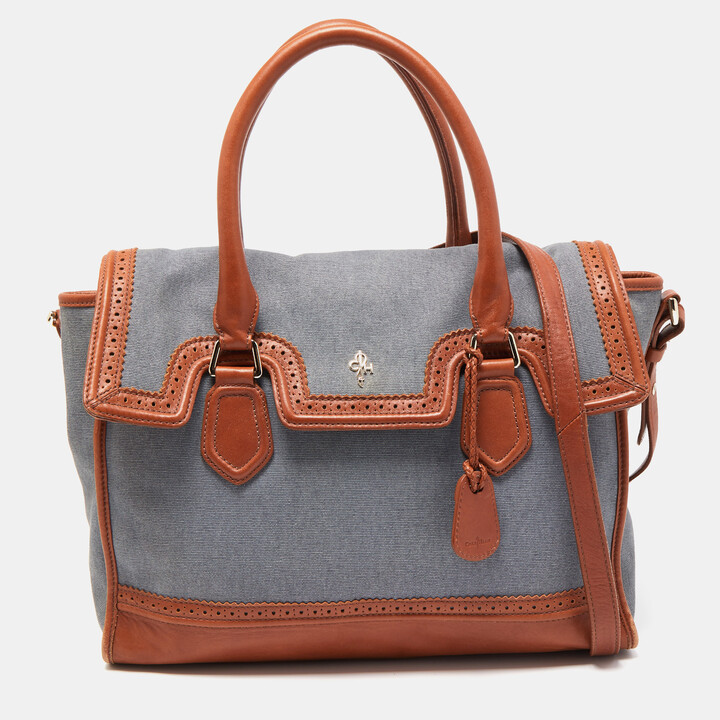 Cole Haan Blue/Tan Denim and Leather Flap Brooke Tote Cole Haan