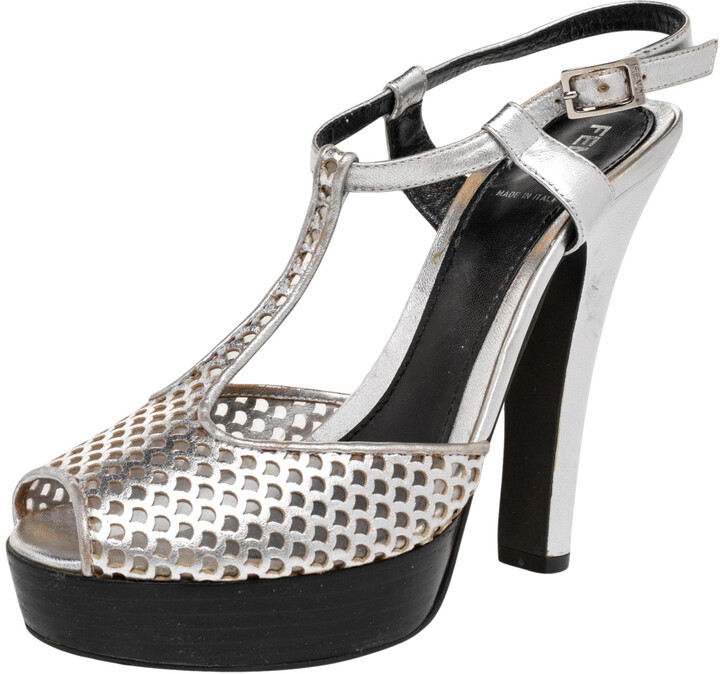 Fendi Metallic Silver Laser-Cut Leather T-Strap Peep Toe Platform Sandals  Size 38.5 - ShopStyle
