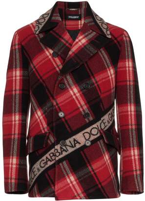 Dolce & Gabbana double breasted logo tape tartan wool blend pea coat
