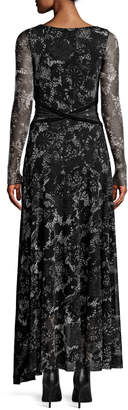 Fuzzi Floral Lace Long-Sleeve Wrap-Waist Maxi Dress
