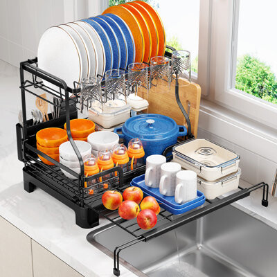 KINGRACK Extendable Dish Drying Rack, 2-Tier Stainless Steel Dish Rack, Large Expandable Dish Drainer Over Sink