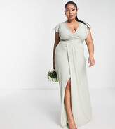 Thumbnail for your product : TFNC Plus Bridesmaid flutter sleeve ruffle detail maxi dress in sage green