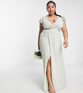 TFNC Plus Bridesmaid flutter sleeve ruffle detail maxi dress in sage green