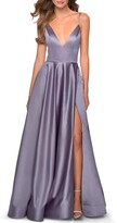 Thumbnail for your product : La Femme Deep V-Neck Lace-Up Back Satin A-Line Gown