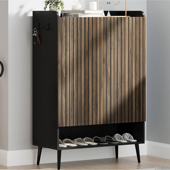 Gaomon Shoe Cabinet，Large Shoe Cabinet with 2 DoorsAdjustable Shelves Shoe Organizer with Doors for Hallway Entryway Living RoomBlack+Nut-Brown -