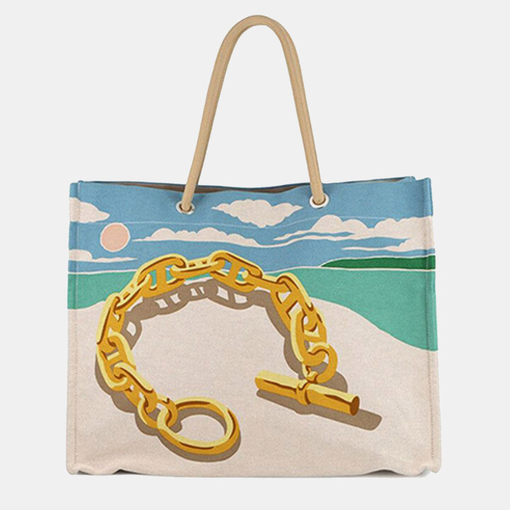 Hermes Blue/Brown Toile Escale a la Plage Beach Bag