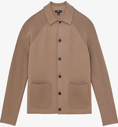 Reiss Mens Navy Blue Fitzgerald Ribbed-Sleeve Knitted Cardigan L