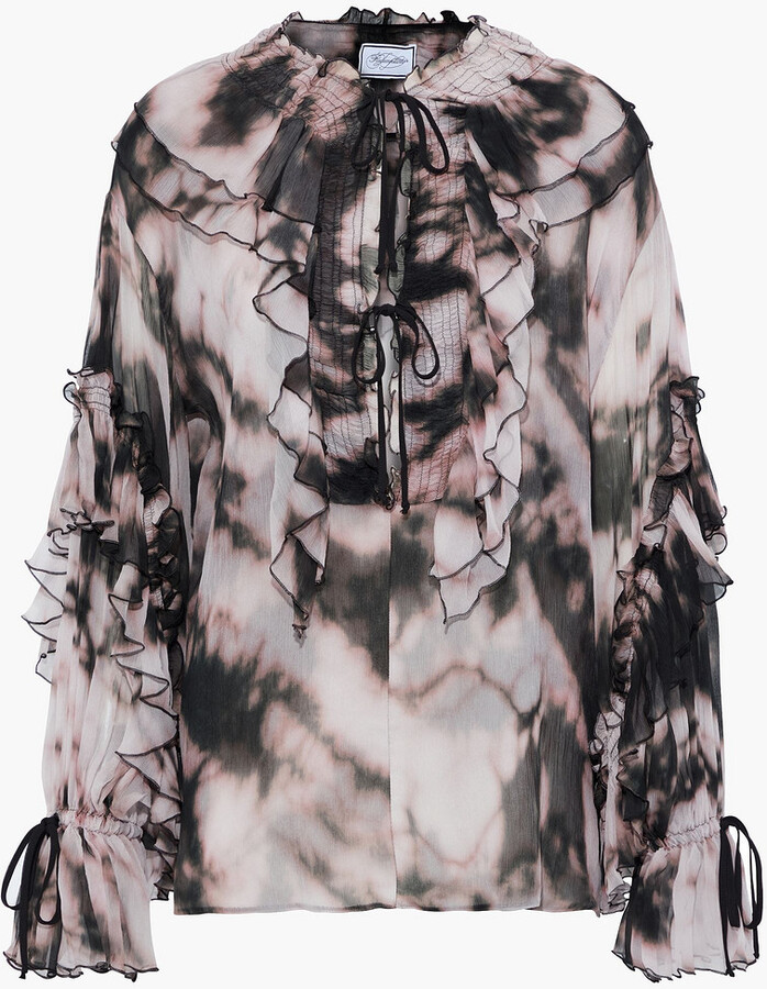 Redemption Tie-detailed ruffled tie-dyed silk-crepon blouse