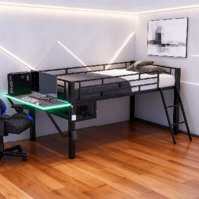One Allium Way Gaming Loft Bed with Desk and LED Lights, Twin Size Mid Loft Bed Frame with Built-In Workstation, Black