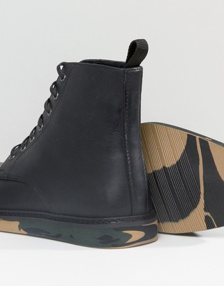 ASOS Lace Up Boots In Black Leather With Camo Sole