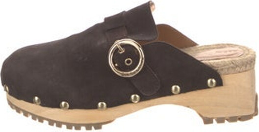 See by Chloe Suede Mules Brown Colorblock Pattern Semi-Pointed Toes with Studded Accents Platform Buckle Closure At Uppers