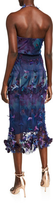 Marchesa Notte Printed Tulle Halter Cocktail Dress with 3D Flowers